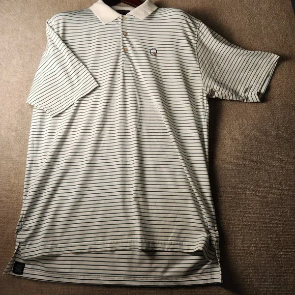 Peter Millar Quail Hollow Summer Comfort Men Striped Polo White Navy Short Sleev - Picture 2 of 7